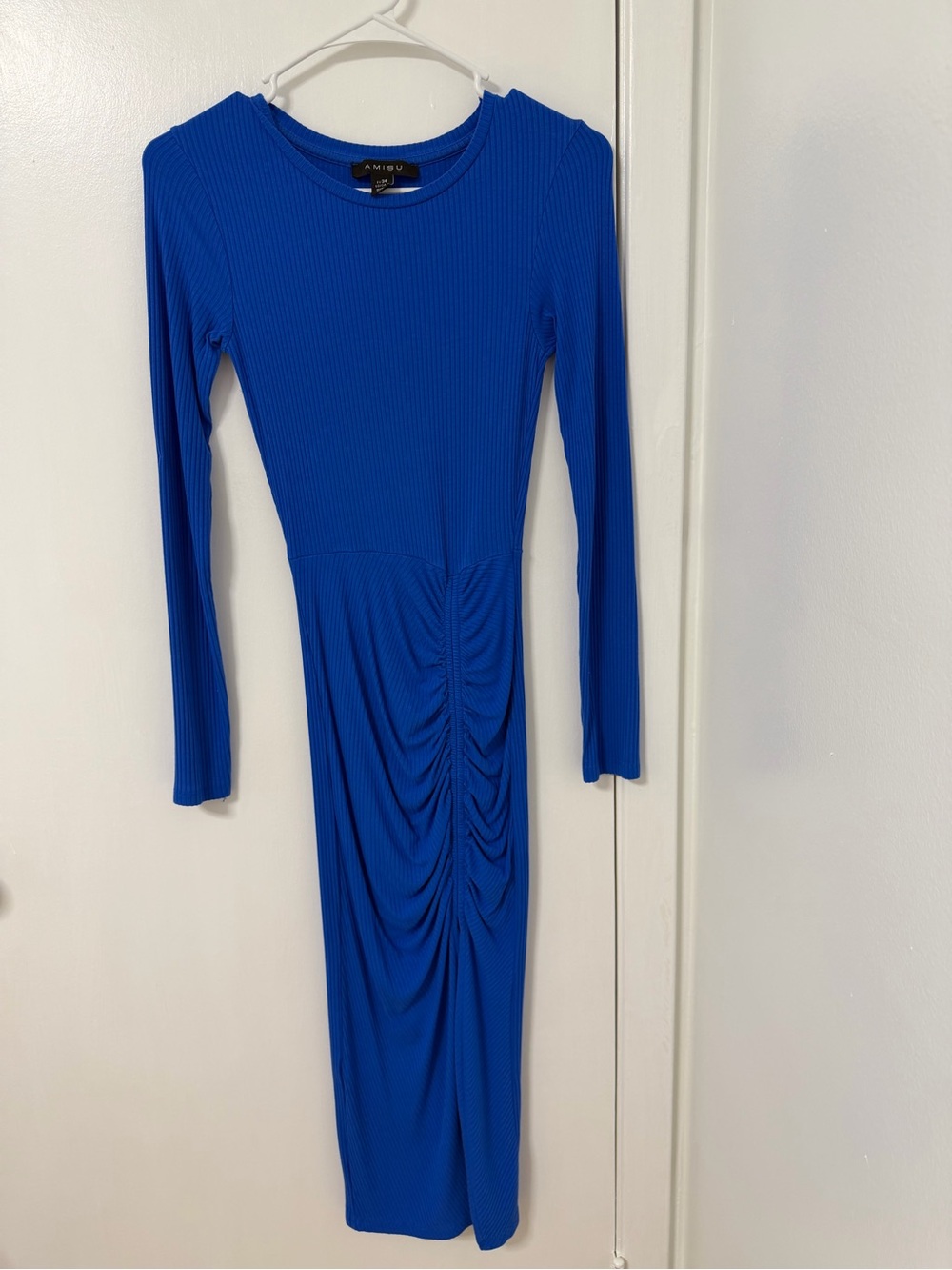 Amisu Royal Blue Ribbed Long-Sleeve Ruched Midi Dress